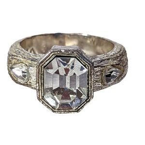 Vintage 1980 Silver Plate Ring Band Crystal Stones Wood-Grain Style Marked W/A